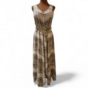 Emma & Michelle Sleeveless Maxi Party Dress Beige and Brown Snakeskin Size M EUC